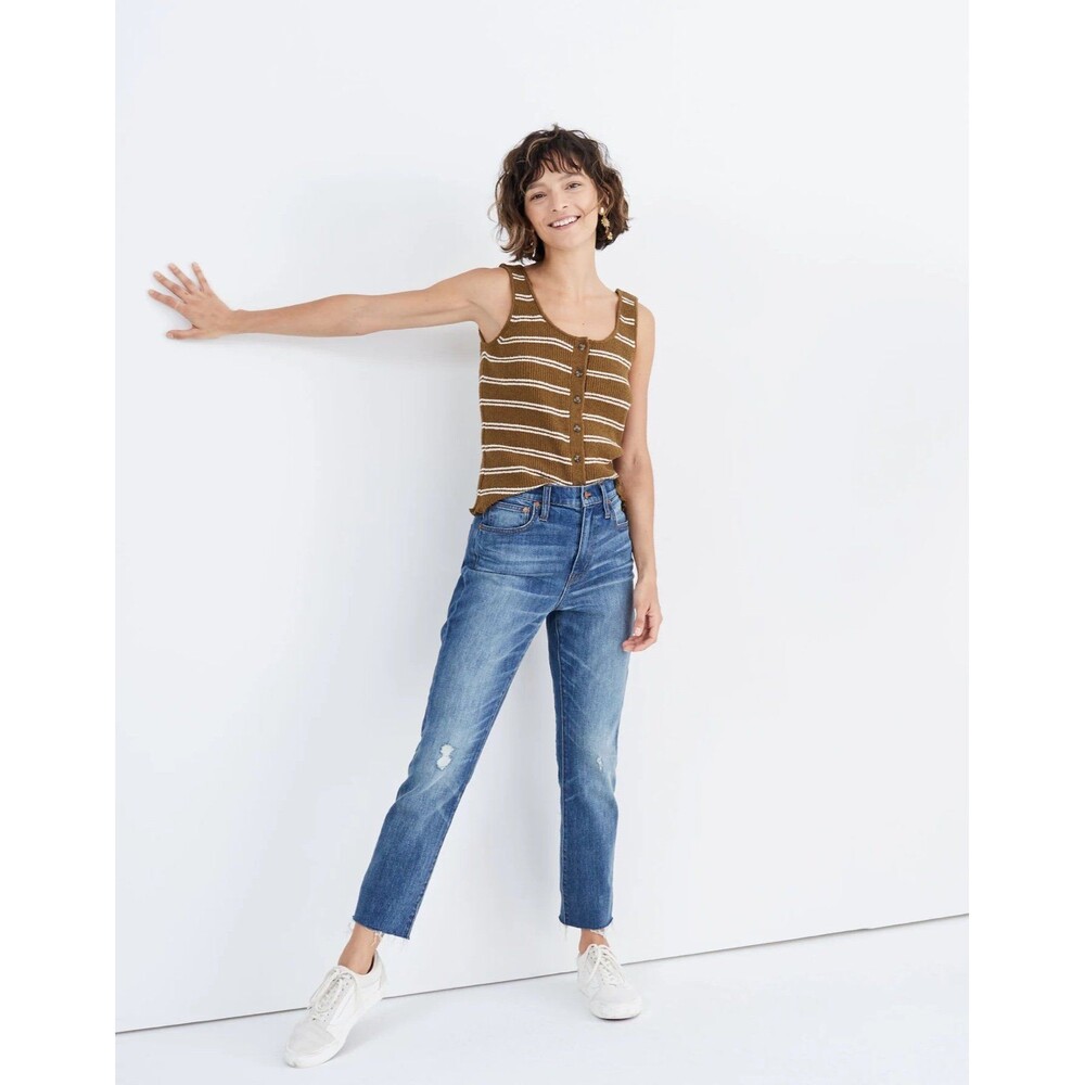 Madewell High-Rise Slim Crop Boyjean 32 Medium Wash Distressed Raw Hem Jeans
